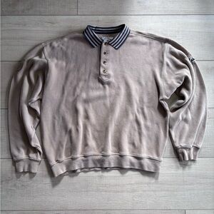 Cutter & Buck Vintage 90s Heavyweight Polo Sweatshirt Taupe Striped Collar | XL